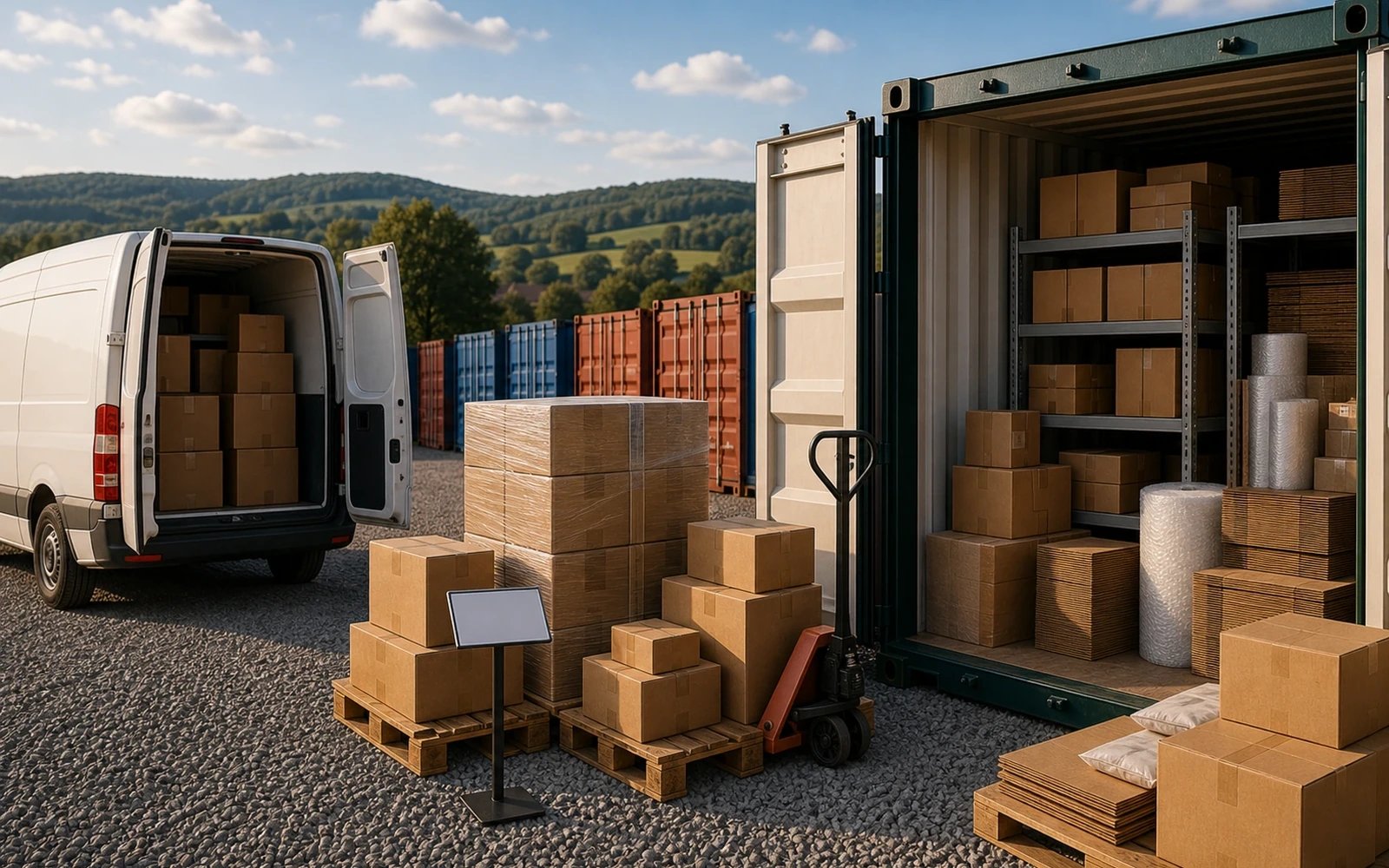 Ilustracja przedstawiająca towar e-commerce na regałach z etykietami, gotowy do wysyłki